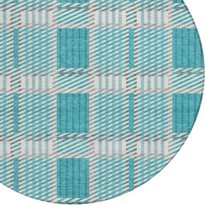 8' Teal Blue Gray And Ivory Round Plaid Washable Indoor Outdoor Area Rug Photo 4