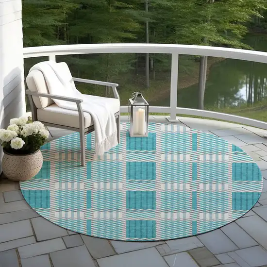 8' Teal Blue Gray And Ivory Round Plaid Washable Indoor Outdoor Area Rug Photo 7