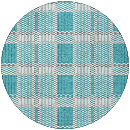 8' Teal Blue Gray And Ivory Round Plaid Washable Indoor Outdoor Area Rug Photo 6
