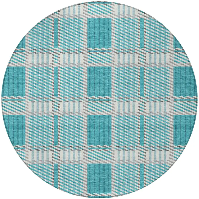 8' Teal Blue Gray And Ivory Round Plaid Washable Indoor Outdoor Area Rug Photo 6