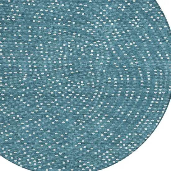 8' Teal Blue Gray And Ivory Round Polka Dot Washable Indoor Outdoor Area Rug Photo 4