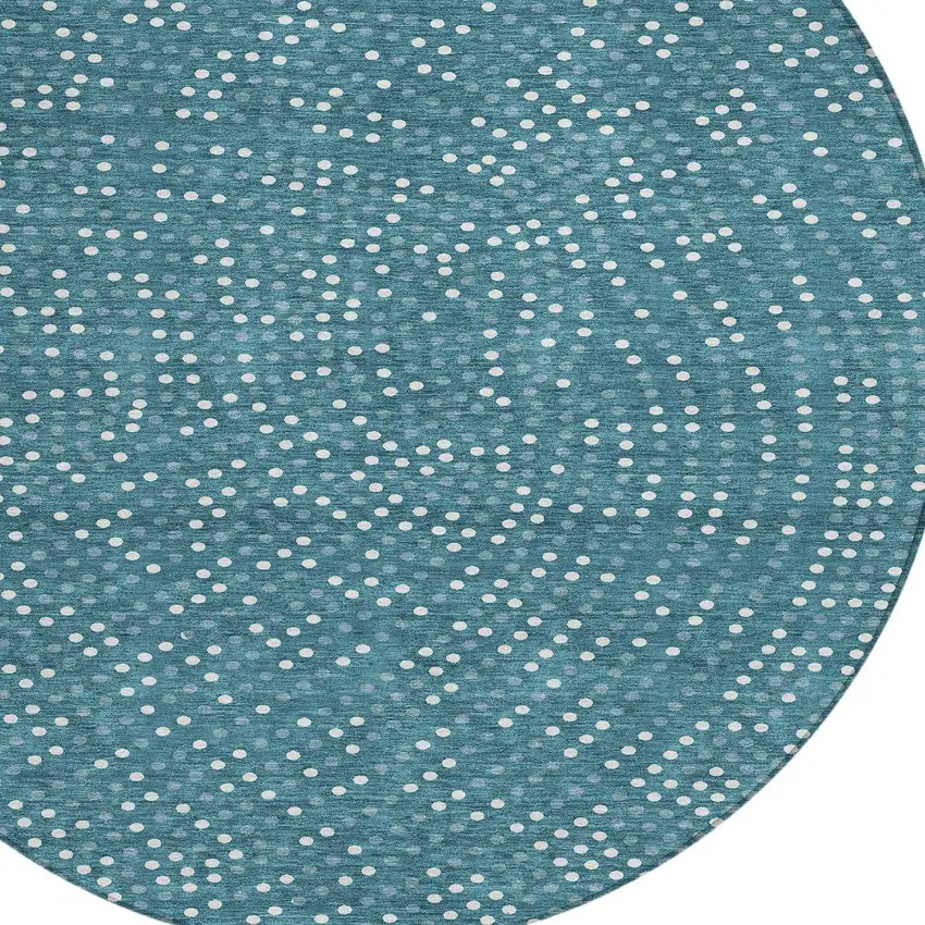 8' Teal Blue Gray And Ivory Round Polka Dot Washable Indoor Outdoor Area Rug Photo 4