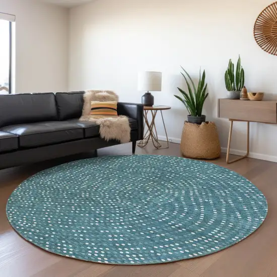 8' Teal Blue Gray And Ivory Round Polka Dot Washable Indoor Outdoor Area Rug Photo 7