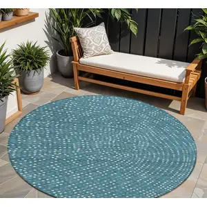 Photo of 8' Teal Blue Gray And Ivory Round Polka Dot Washable Indoor Outdoor Area Rug