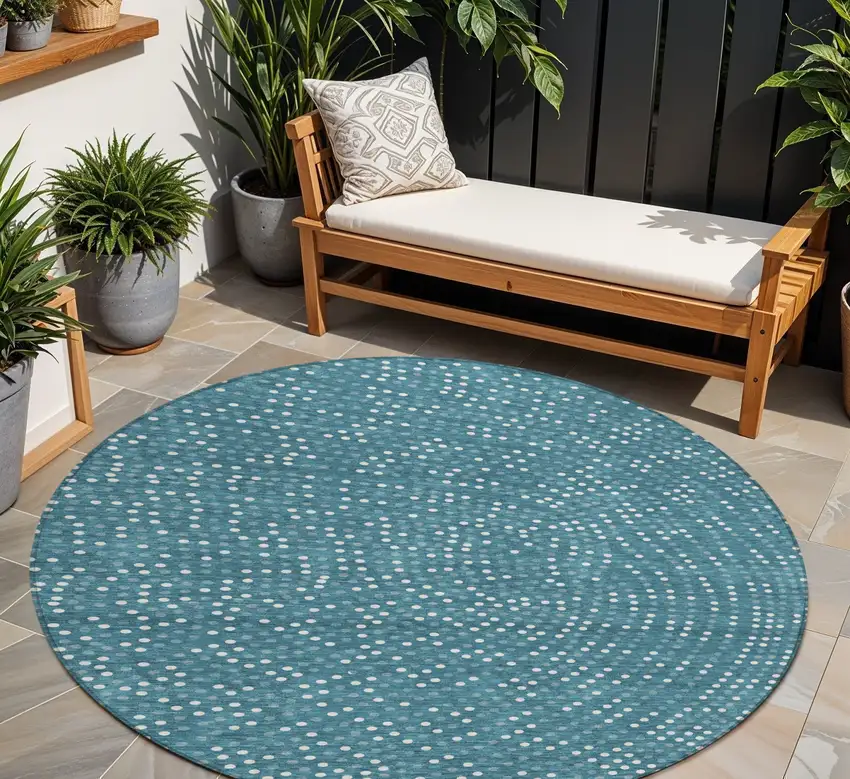 8' Teal Blue Gray And Ivory Round Polka Dot Washable Indoor Outdoor Area Rug Photo 1