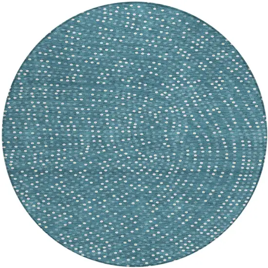 8' Teal Blue Gray And Ivory Round Polka Dot Washable Indoor Outdoor Area Rug Photo 2