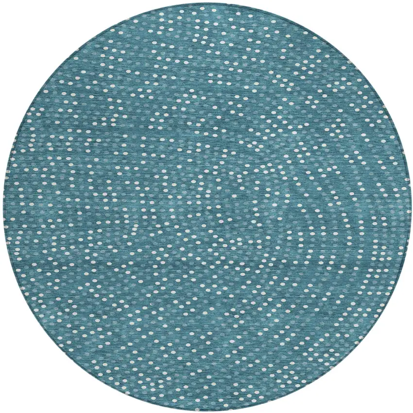 8' Teal Blue Gray And Ivory Round Polka Dot Washable Indoor Outdoor Area Rug Photo 2