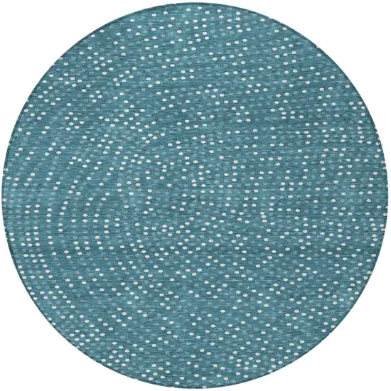 8' Teal Blue Gray And Ivory Round Polka Dot Washable Indoor Outdoor Area Rug Photo 5