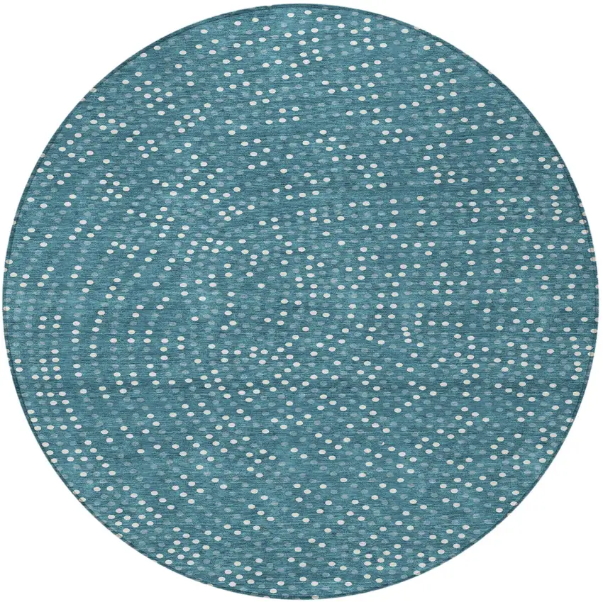 8' Teal Blue Gray And Ivory Round Polka Dot Washable Indoor Outdoor Area Rug Photo 5