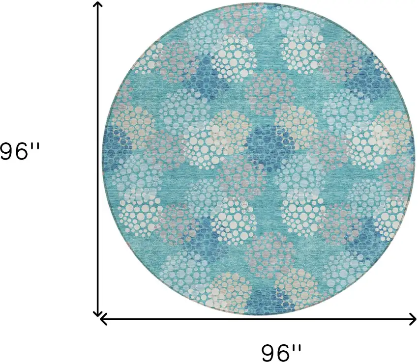 8' Teal Blue Gray And Ivory Round Polka Dot Washable Indoor Outdoor Area Rug Photo 3