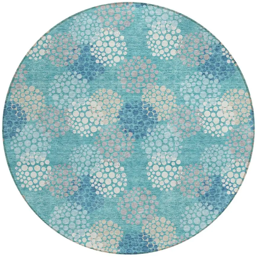 8' Teal Blue Gray And Ivory Round Polka Dot Washable Indoor Outdoor Area Rug Photo 5