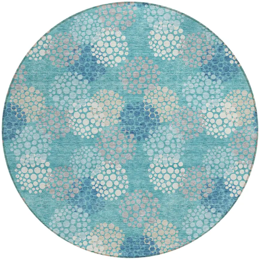 8' Teal Blue Gray And Ivory Round Polka Dot Washable Indoor Outdoor Area Rug Photo 2