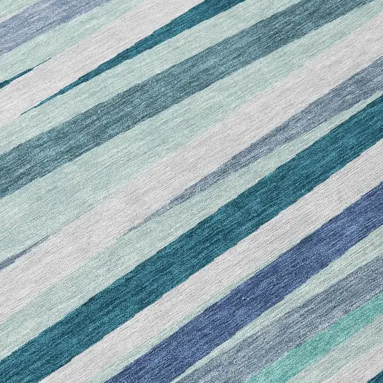 8' Teal Blue Gray And Ivory Round Striped Washable Indoor Outdoor Area Rug Photo 8