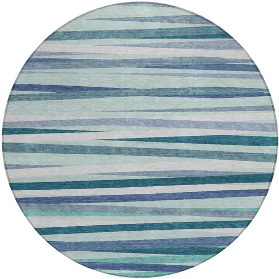 8' Teal Blue Gray And Ivory Round Striped Washable Indoor Outdoor Area Rug Photo 2