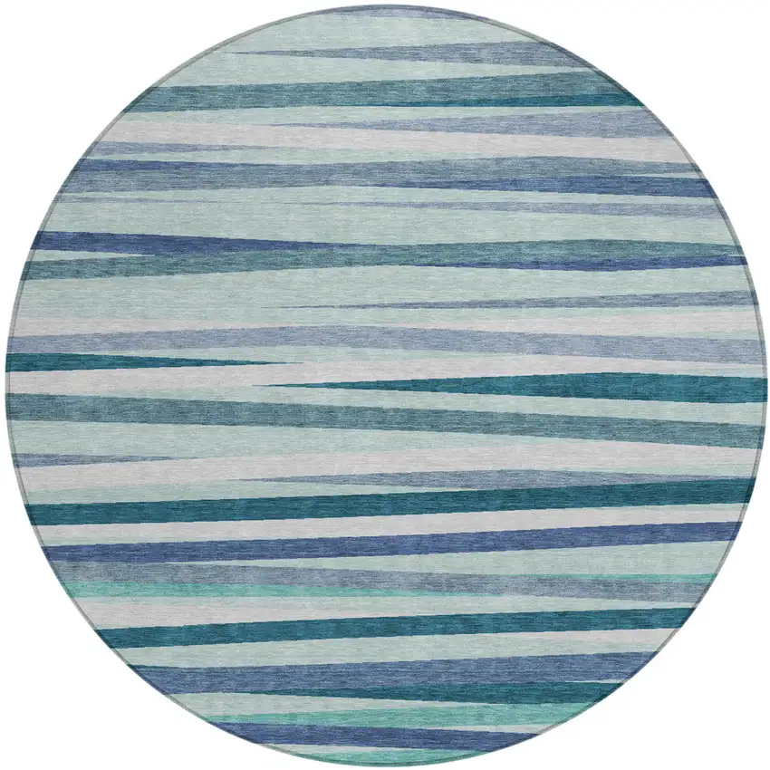 8' Teal Blue Gray And Ivory Round Striped Washable Indoor Outdoor Area Rug Photo 2