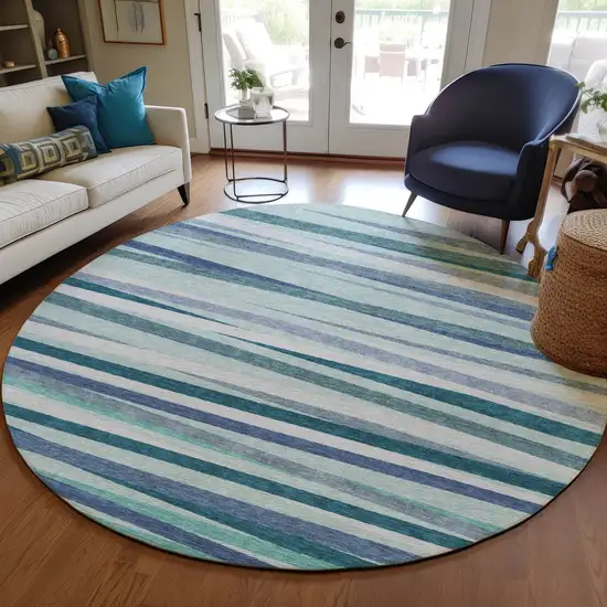 8' Teal Blue Gray And Ivory Round Striped Washable Indoor Outdoor Area Rug Photo 7