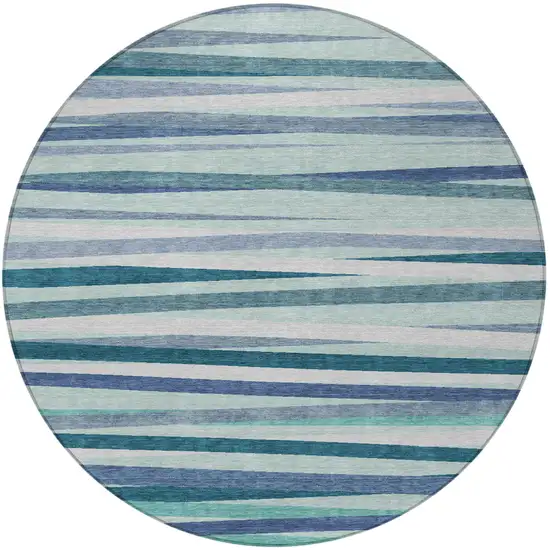 8' Teal Blue Gray And Ivory Round Striped Washable Indoor Outdoor Area Rug Photo 5