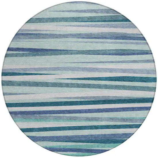 8' Teal Blue Gray And Ivory Round Striped Washable Indoor Outdoor Area Rug Photo 4