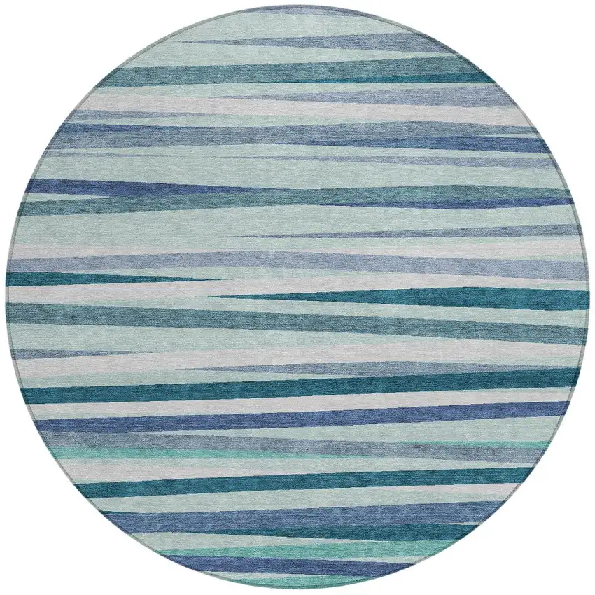 8' Teal Blue Gray And Ivory Round Striped Washable Indoor Outdoor Area Rug Photo 4