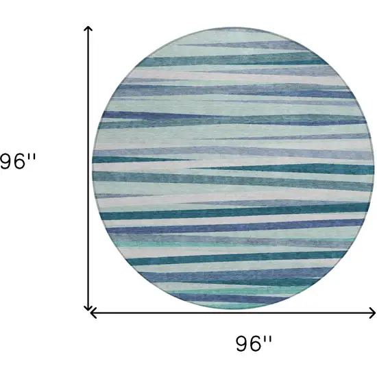 8' Teal Blue Gray And Ivory Round Striped Washable Indoor Outdoor Area Rug Photo 3