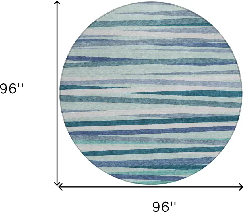 8' Teal Blue Gray And Ivory Round Striped Washable Indoor Outdoor Area Rug Photo 3
