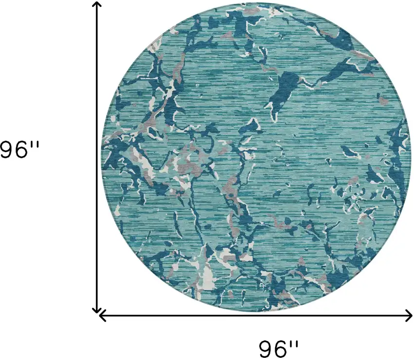 8' Teal Blue Gray And Ivory Round Striped Washable Indoor Outdoor Area Rug Photo 9