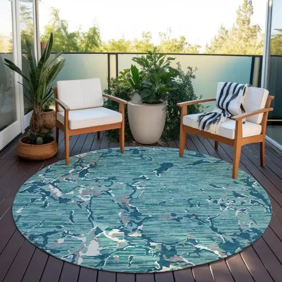 8' Teal Blue Gray And Ivory Round Striped Washable Indoor Outdoor Area Rug Photo 7