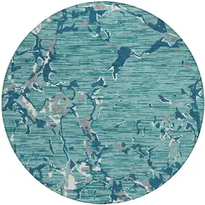 Photo of 8' Teal Blue Gray And Ivory Round Striped Washable Indoor Outdoor Area Rug