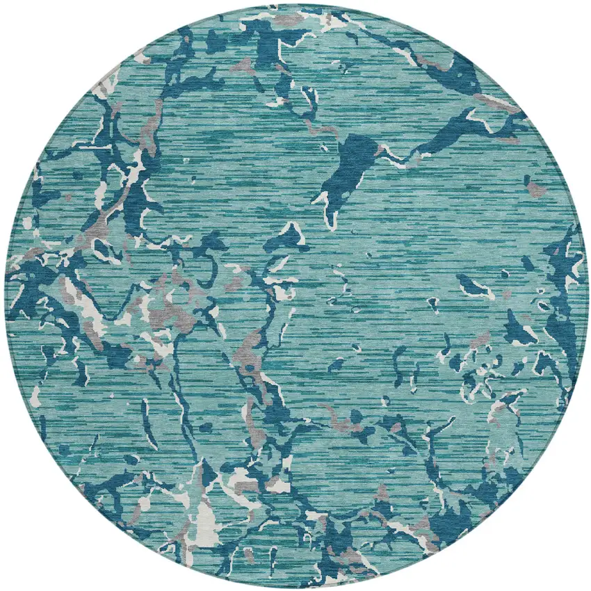8' Teal Blue Gray And Ivory Round Striped Washable Indoor Outdoor Area Rug Photo 2