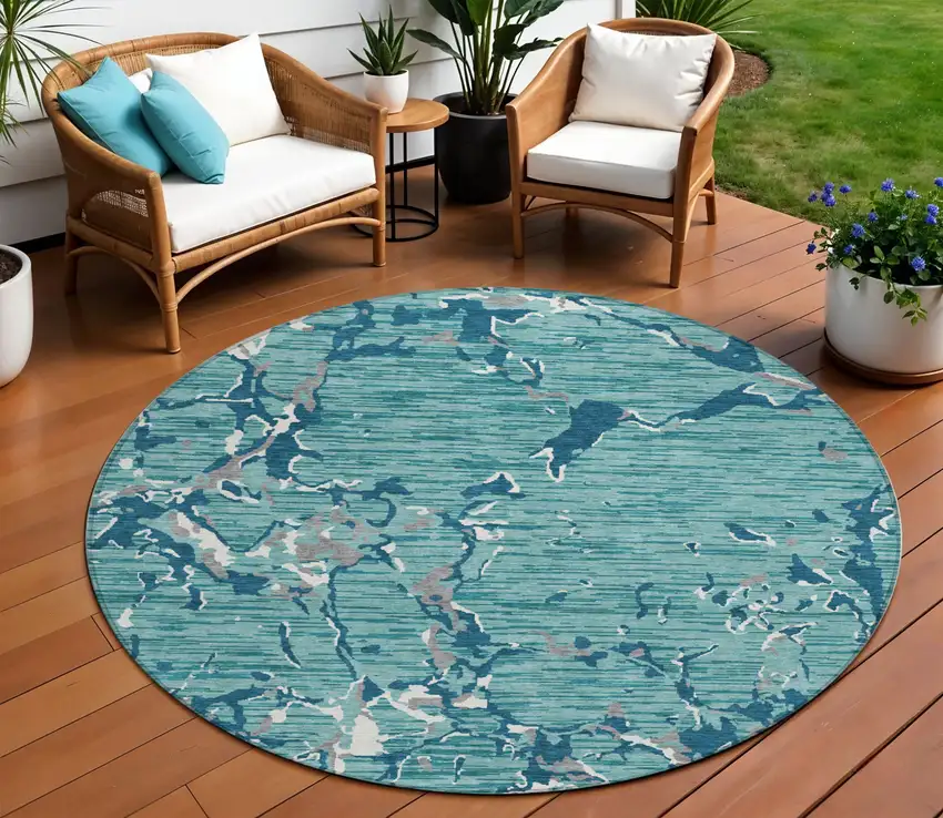 8' Teal Blue Gray And Ivory Round Striped Washable Indoor Outdoor Area Rug Photo 1