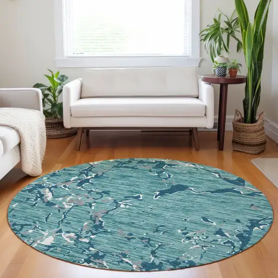 8' Teal Blue Gray And Ivory Round Striped Washable Indoor Outdoor Area Rug Photo 8