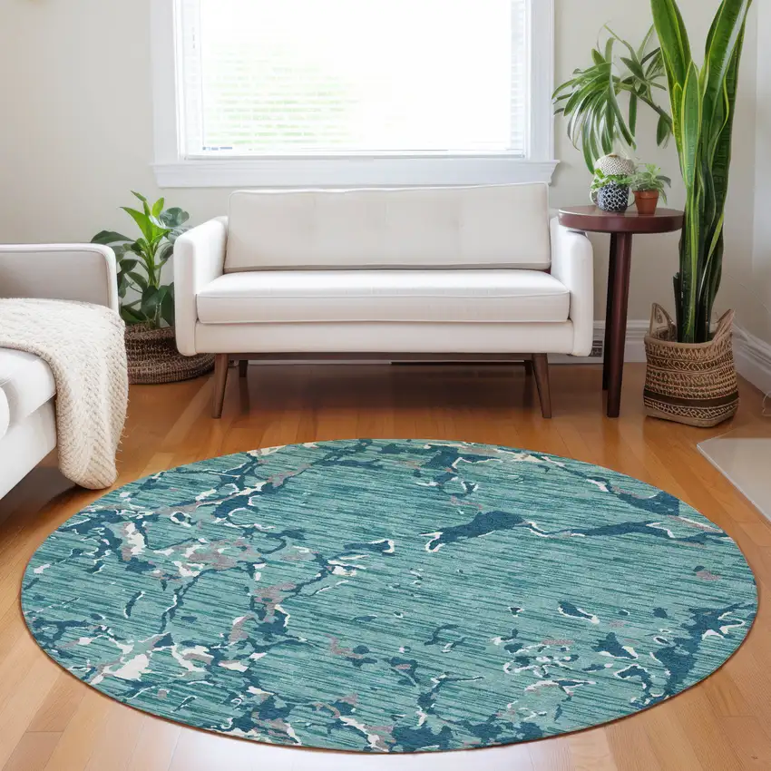 8' Teal Blue Gray And Ivory Round Striped Washable Indoor Outdoor Area Rug Photo 8