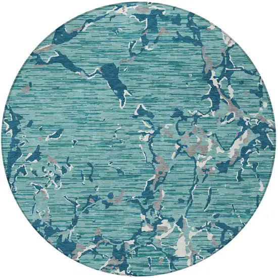8' Teal Blue Gray And Ivory Round Striped Washable Indoor Outdoor Area Rug Photo 6