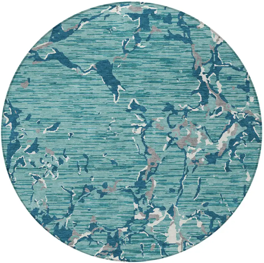 8' Teal Blue Gray And Ivory Round Striped Washable Indoor Outdoor Area Rug Photo 6