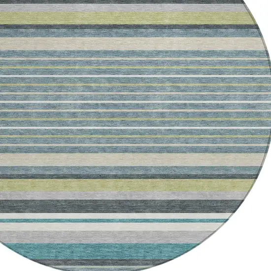 8' Teal Blue Gray And Ivory Round Striped Washable Indoor Outdoor Area Rug Photo 7