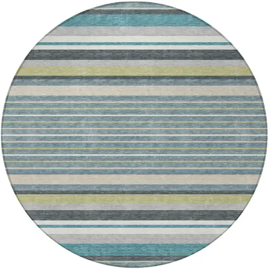8' Teal Blue Gray And Ivory Round Striped Washable Indoor Outdoor Area Rug Photo 4