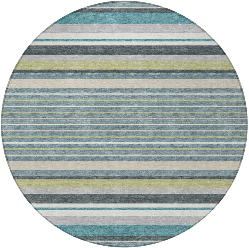 8' Teal Blue Gray And Ivory Round Striped Washable Indoor Outdoor Area Rug Photo 4