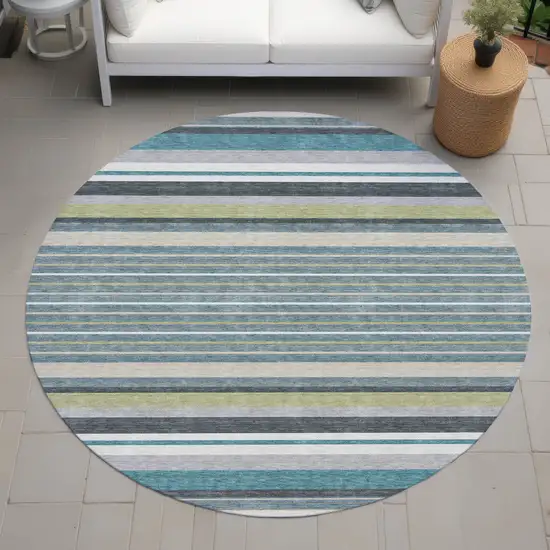8' Teal Blue Gray And Ivory Round Striped Washable Indoor Outdoor Area Rug Photo 8