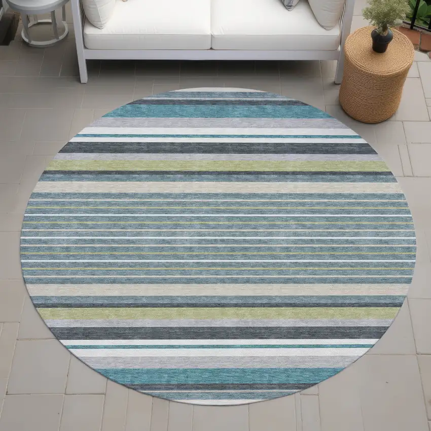 8' Teal Blue Gray And Ivory Round Striped Washable Indoor Outdoor Area Rug Photo 8