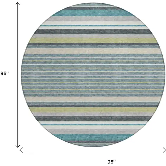 8' Teal Blue Gray And Ivory Round Striped Washable Indoor Outdoor Area Rug Photo 3