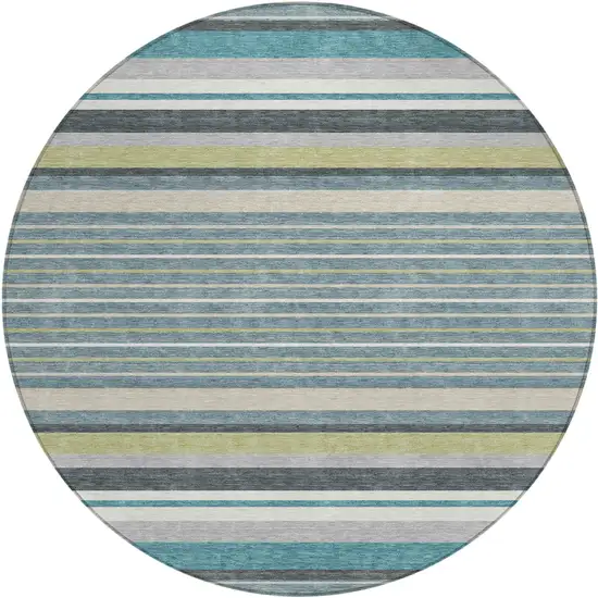 8' Teal Blue Gray And Ivory Round Striped Washable Indoor Outdoor Area Rug Photo 2