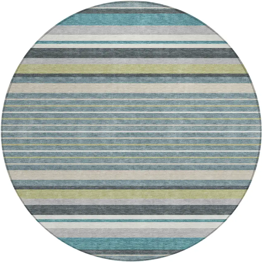 8' Teal Blue Gray And Ivory Round Striped Washable Indoor Outdoor Area Rug Photo 2