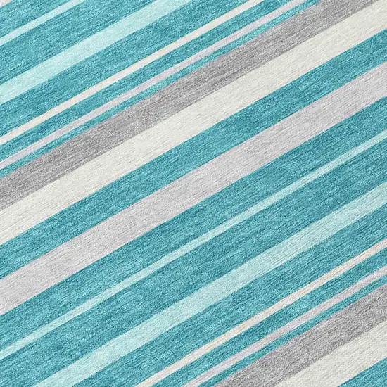 8' Teal Blue Gray And Ivory Round Striped Washable Indoor Outdoor Area Rug Photo 8