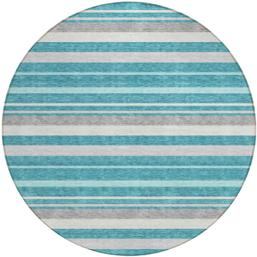 8' Teal Blue Gray And Ivory Round Striped Washable Indoor Outdoor Area Rug Photo 2