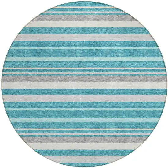 8' Teal Blue Gray And Ivory Round Striped Washable Indoor Outdoor Area Rug Photo 2