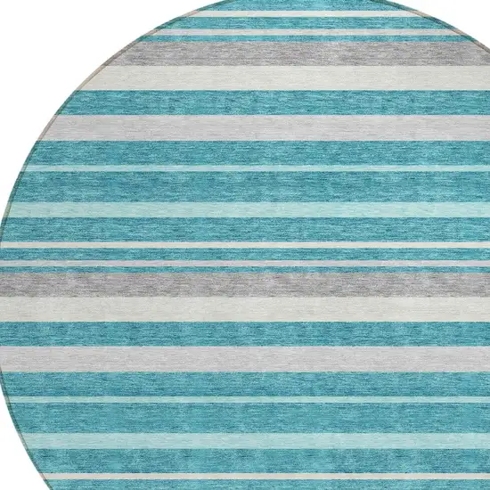 8' Teal Blue Gray And Ivory Round Striped Washable Indoor Outdoor Area Rug Photo 4