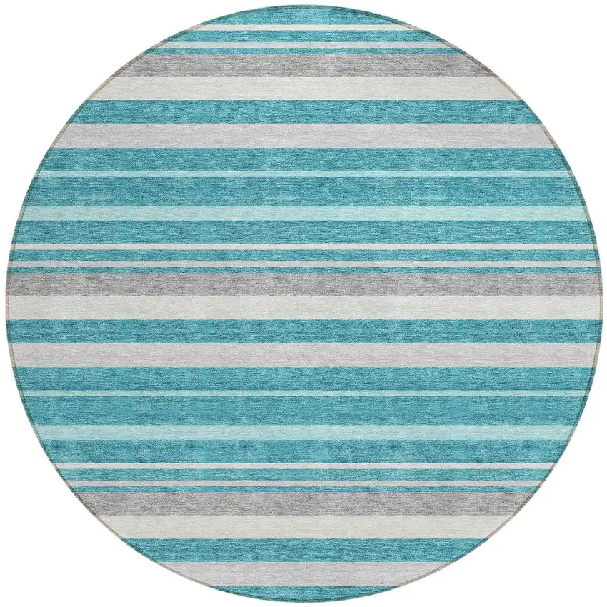 8' Teal Blue Gray And Ivory Round Striped Washable Indoor Outdoor Area Rug Photo 5