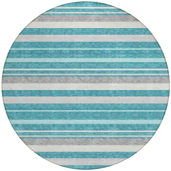 8' Teal Blue Gray And Ivory Round Striped Washable Indoor Outdoor Area Rug Photo 5