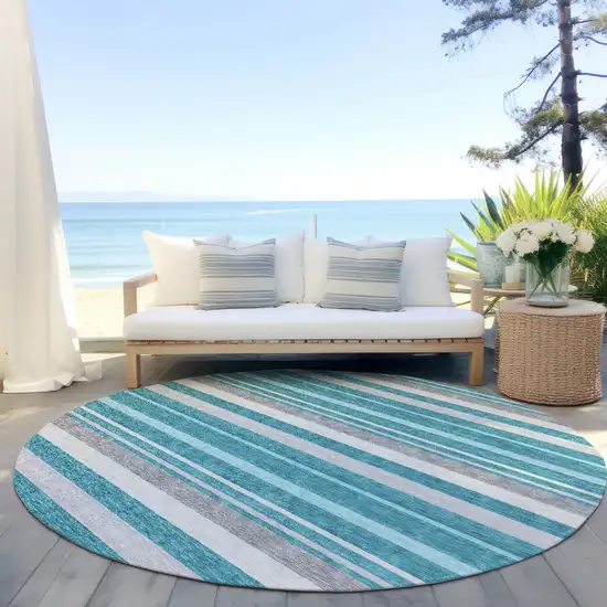 8' Teal Blue Gray And Ivory Round Striped Washable Indoor Outdoor Area Rug Photo 6