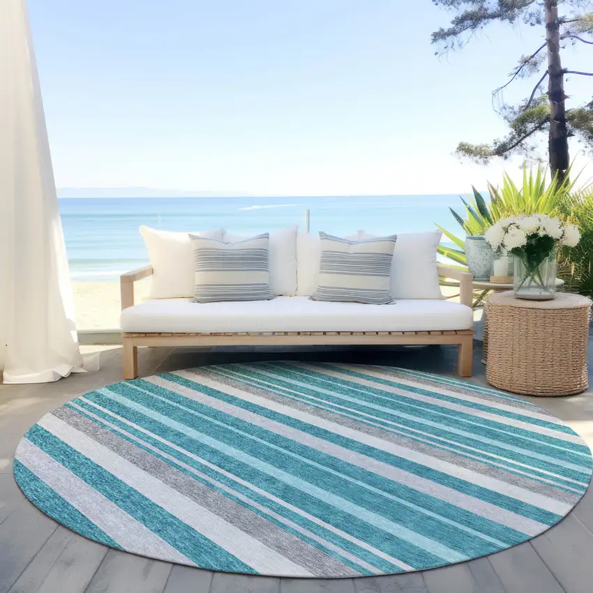 8' Teal Blue Gray And Ivory Round Striped Washable Indoor Outdoor Area Rug Photo 6